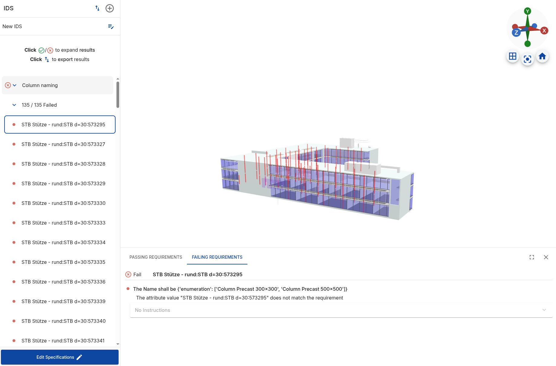 A screenshot showing the all the doors highlighted in red and the specific failure of the FireRating property for one of them